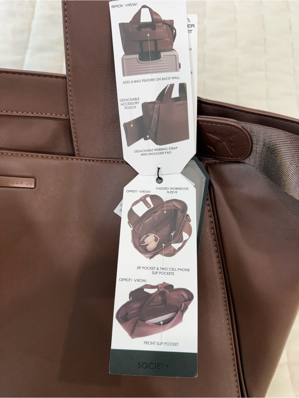 BOARDING PASS THE COMMUTER EAST WEST TRIPLE COMPARTMENT VEGAN LEATHER TOTE NWT - Picture 7 of 7